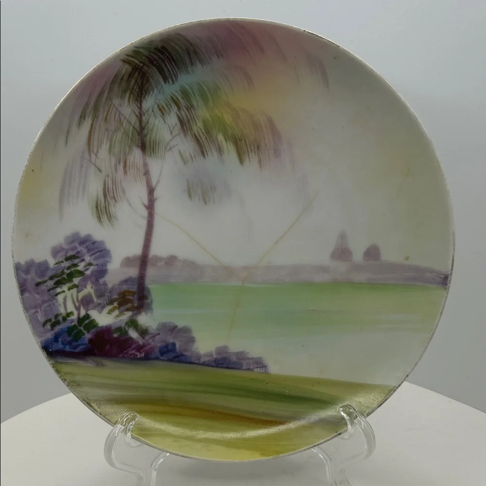 Antique Nippon Hand Painted Porcelain Plate Palm Tree Landscape Scene 6.25 inch
